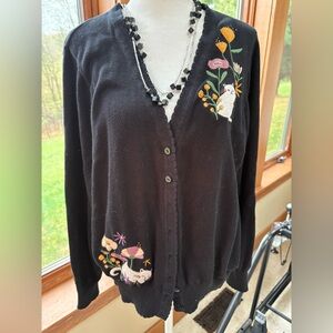Modcloth Princess Highway Black Knit cardigan with Flowers & White Cats Size M